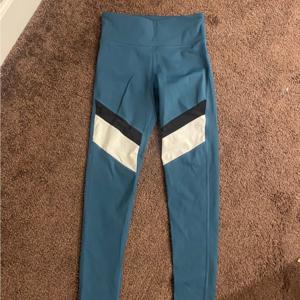 Blue Leggings with Black and White Stripes